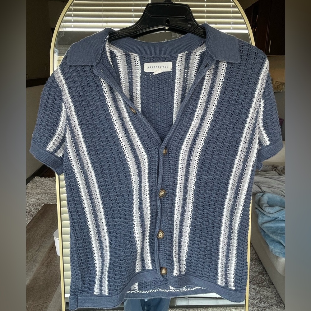 Aeropostale Navy & White Striped Knit Polo